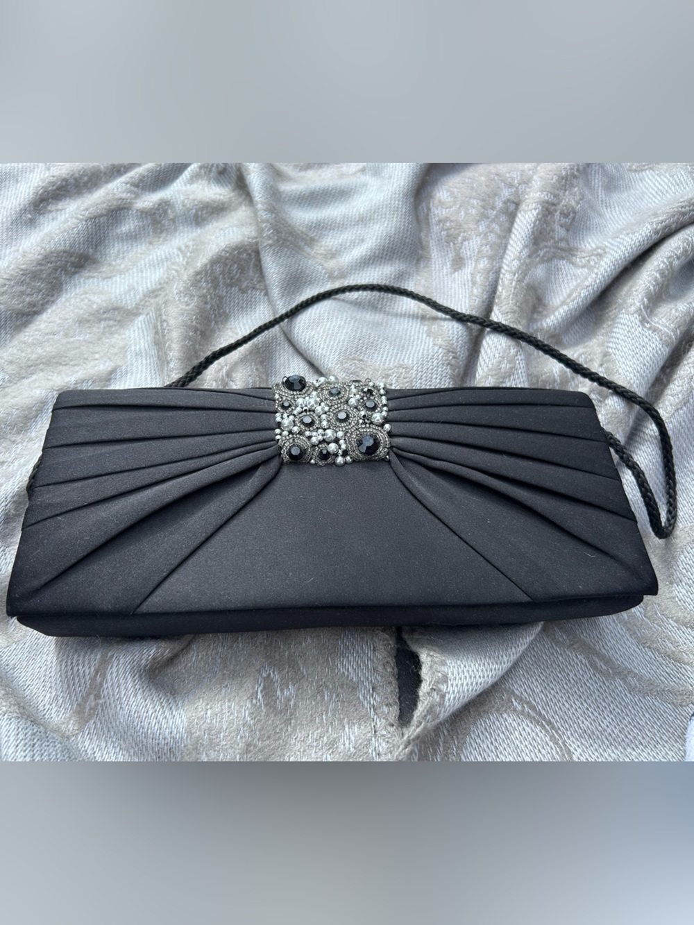 Jessica McClintock Black Pleated Clutch with Rhinestones